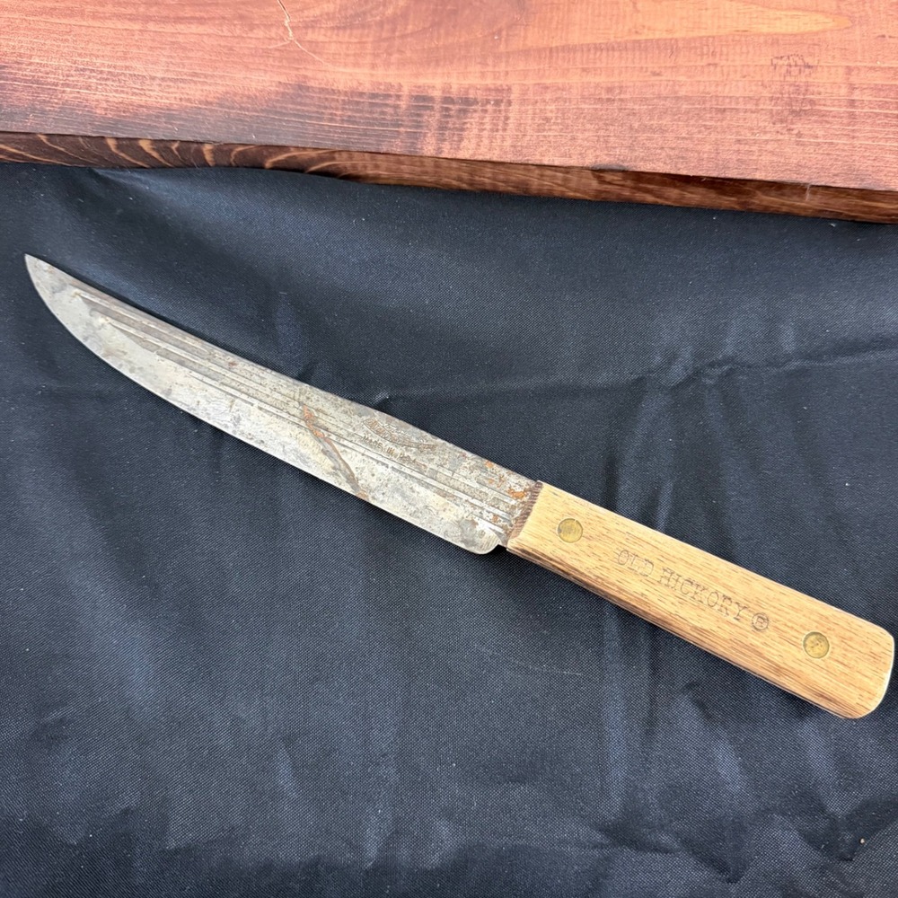 Old Hickory Tru-Edge Butcher Knife Carbon Steel Wood Handle Made in USA Vintage